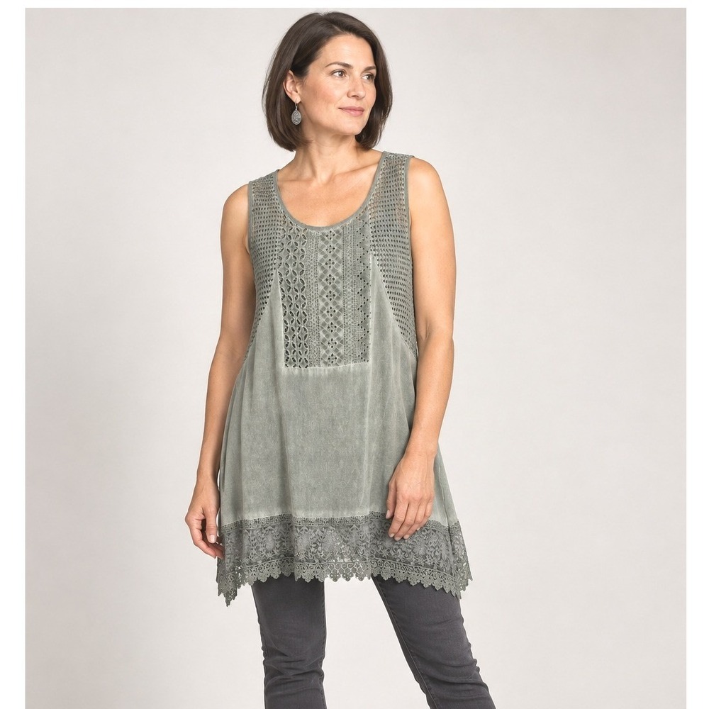 Eyelet Lace Tunic Tank M Sage Green Crochet Boho Cottagecore Lagenlook Romantic